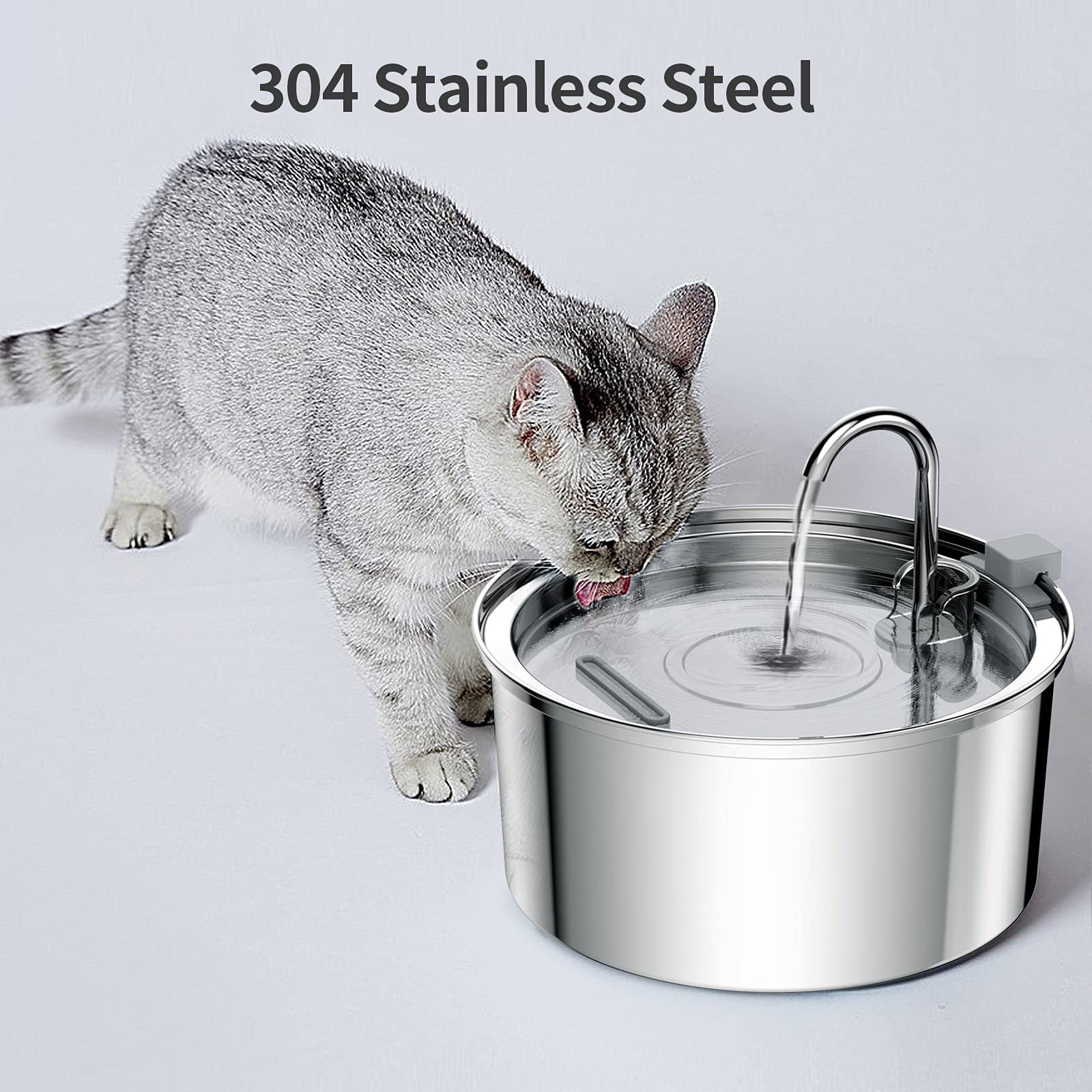 Cat drinking water from a stainless steel pet fountain on a light gray background